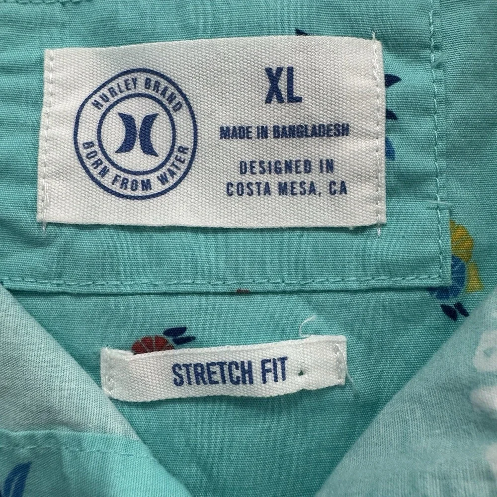 Hurley Men XL Teal Tropical Hawaiian Button Up Stretch Fit Logo Print Surf Beach